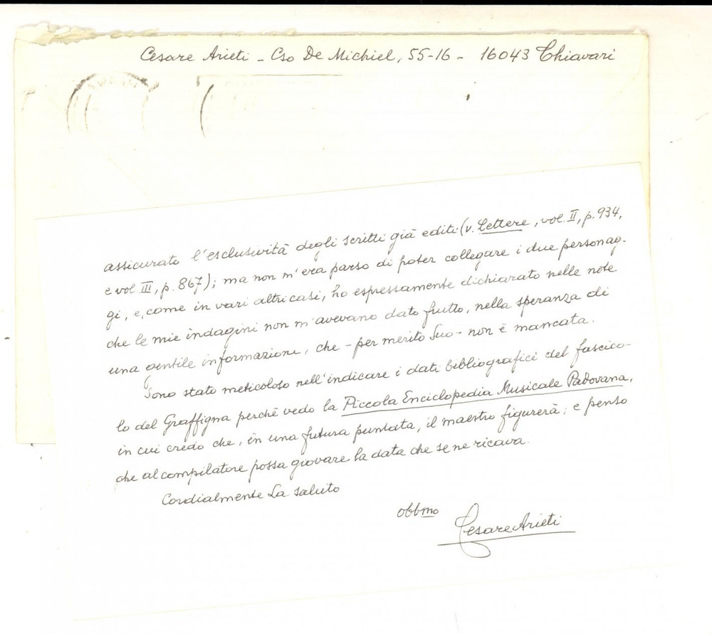 Autografo originale 1971 CHIAVARI Cesare ARIETI e gli studi su Achille GRAFFIGNA  Autografo 1