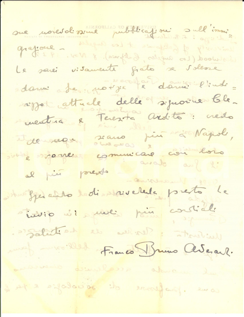 Autografo originale 1937 LOS ANGELES Franco Bruno AVERARDI in lode di Costantino PANUNZIO Autografo 1