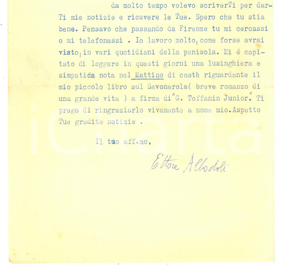 Autografo originale 1954 FIRENZE Ettore ALLODOLI ringrazia per una recensione  Autografo 1