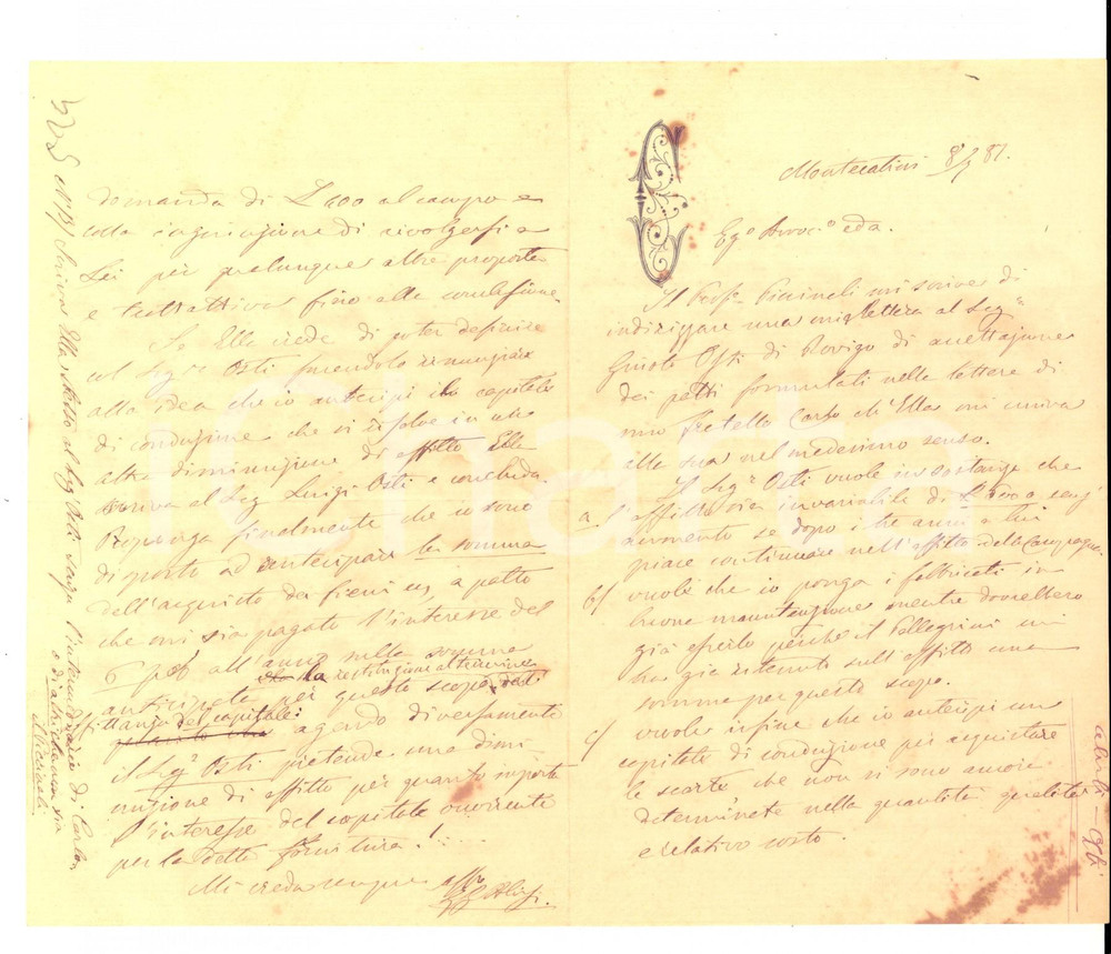Documento originale, autentico 1887 MONTECATINI Giacomo Giuseppe ALVISI in lite per affitto su fabbricati 1