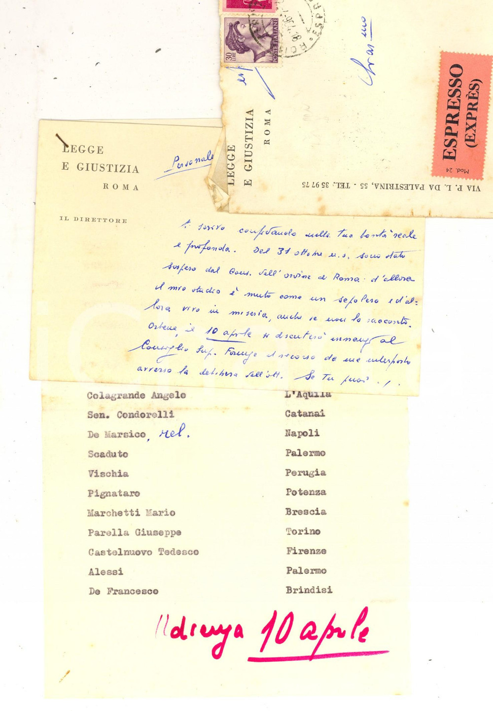 Documento originale, autentico 1964 ROMA LEGGE E GIUSTIZIA Giacomo Primo AUGENTI sospeso dall Ordine Autografo 1