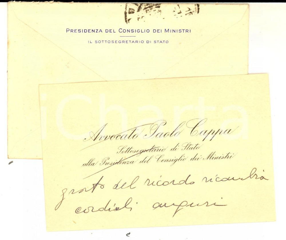 Autografo originale 1947 ROMA Sottosegretario Paolo CAPPA  Biglietto da visita AUTOGRAFO 1