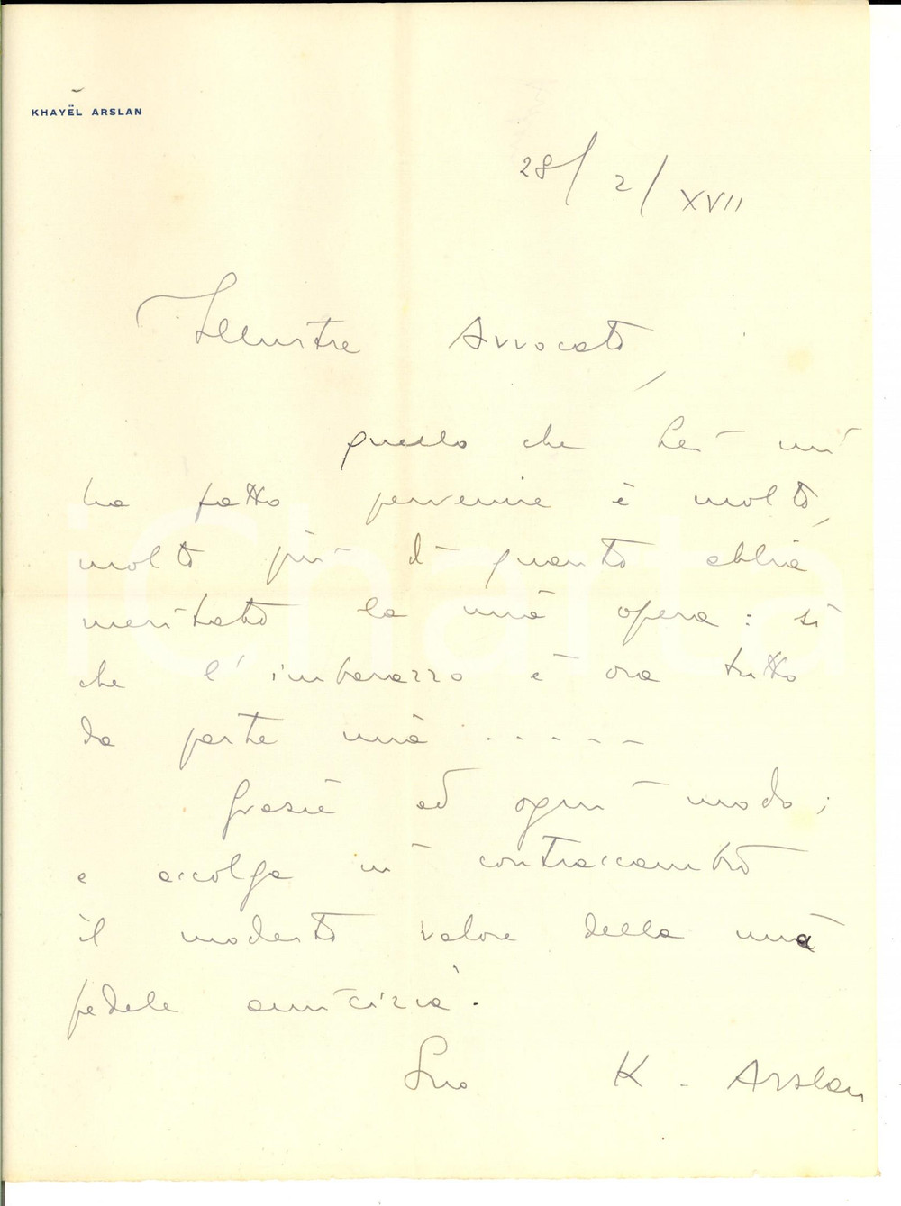 Autografo originale 1939 PADOVA Lettera di ringraziamento dott. Khayel ARSLAN Autografo 1