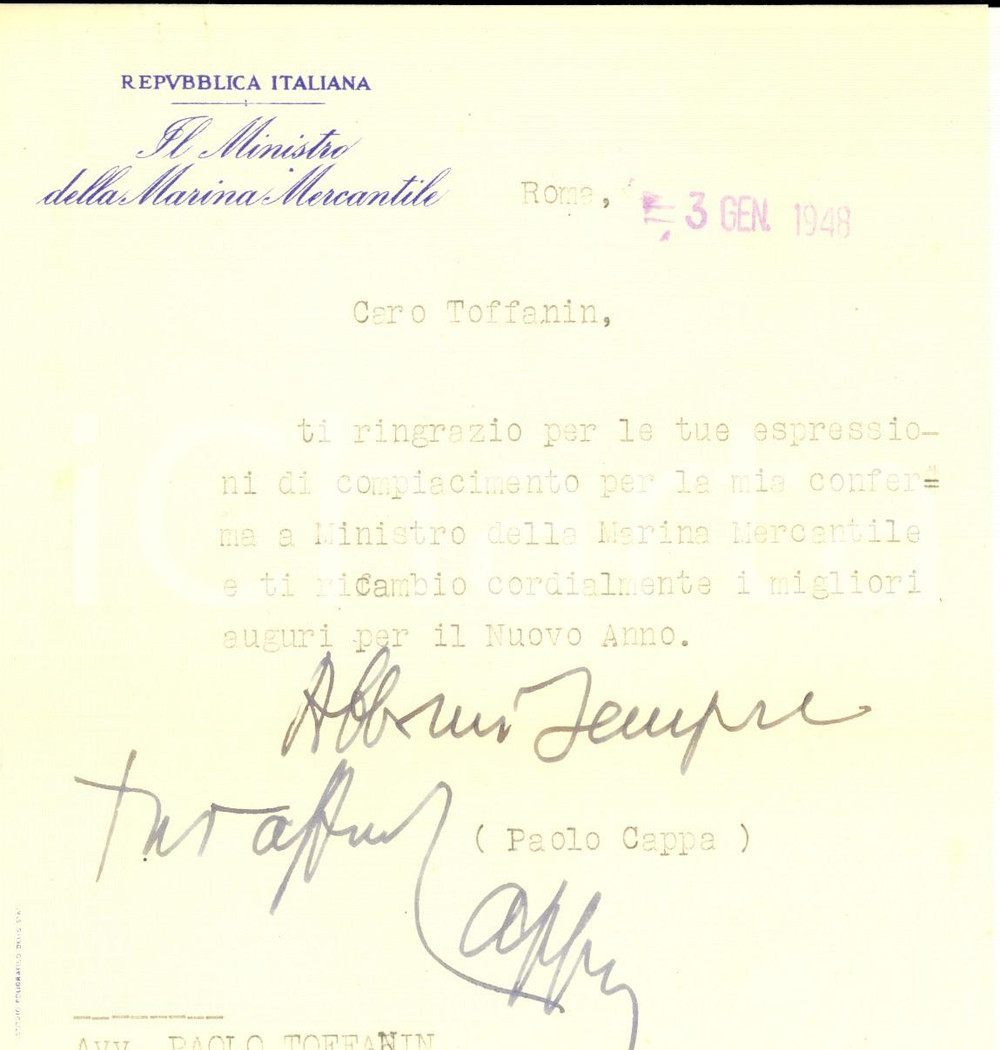 Autografo originale 1948 ROMA Ministro Marina Mercantile Paolo CAPPA ringrazia un amico  AUTOGRAFO 1
