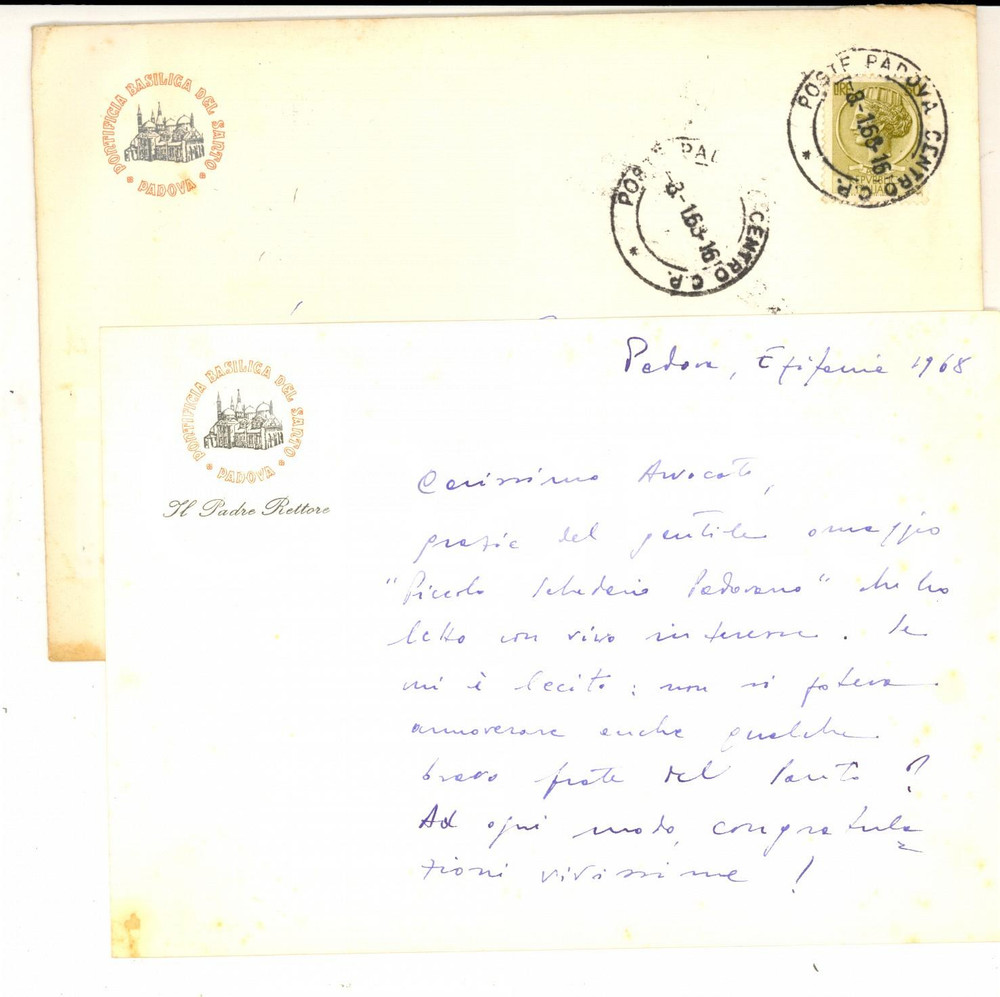 Autografo originale 1968 PADOVA Padre Tommaso CAPPELLETTO ringrazia per un volume  Autografo 1