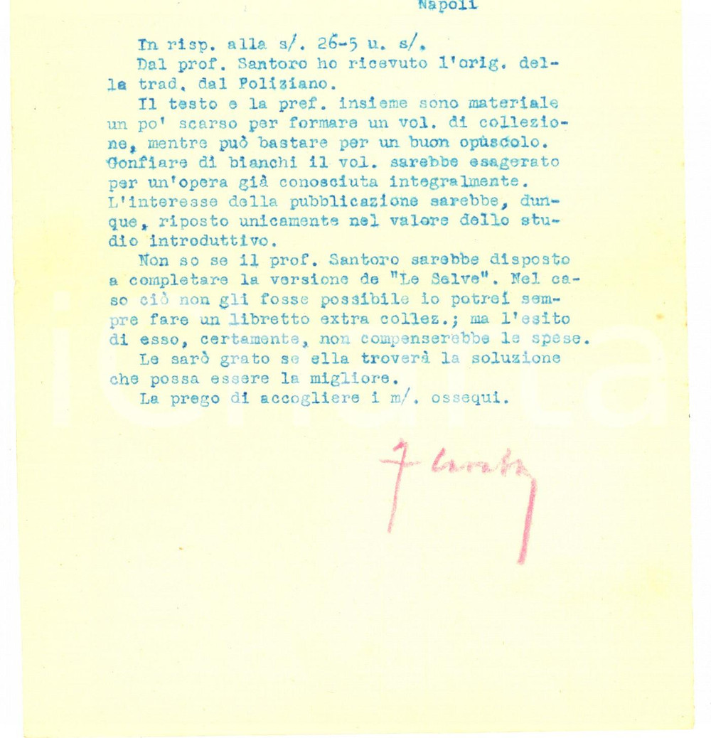 Autografo originale 1941 LANCIANO Editore Gino CARABBA e una traduzione del Poliziano  Autografo 1