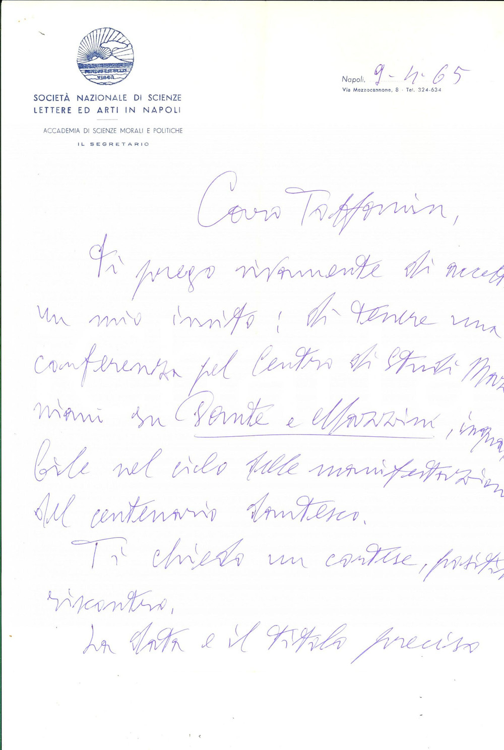 Autografo originale 1965 NAPOLI Cleto CARBONARA invita un collega a una conferenza  Autografo 1
