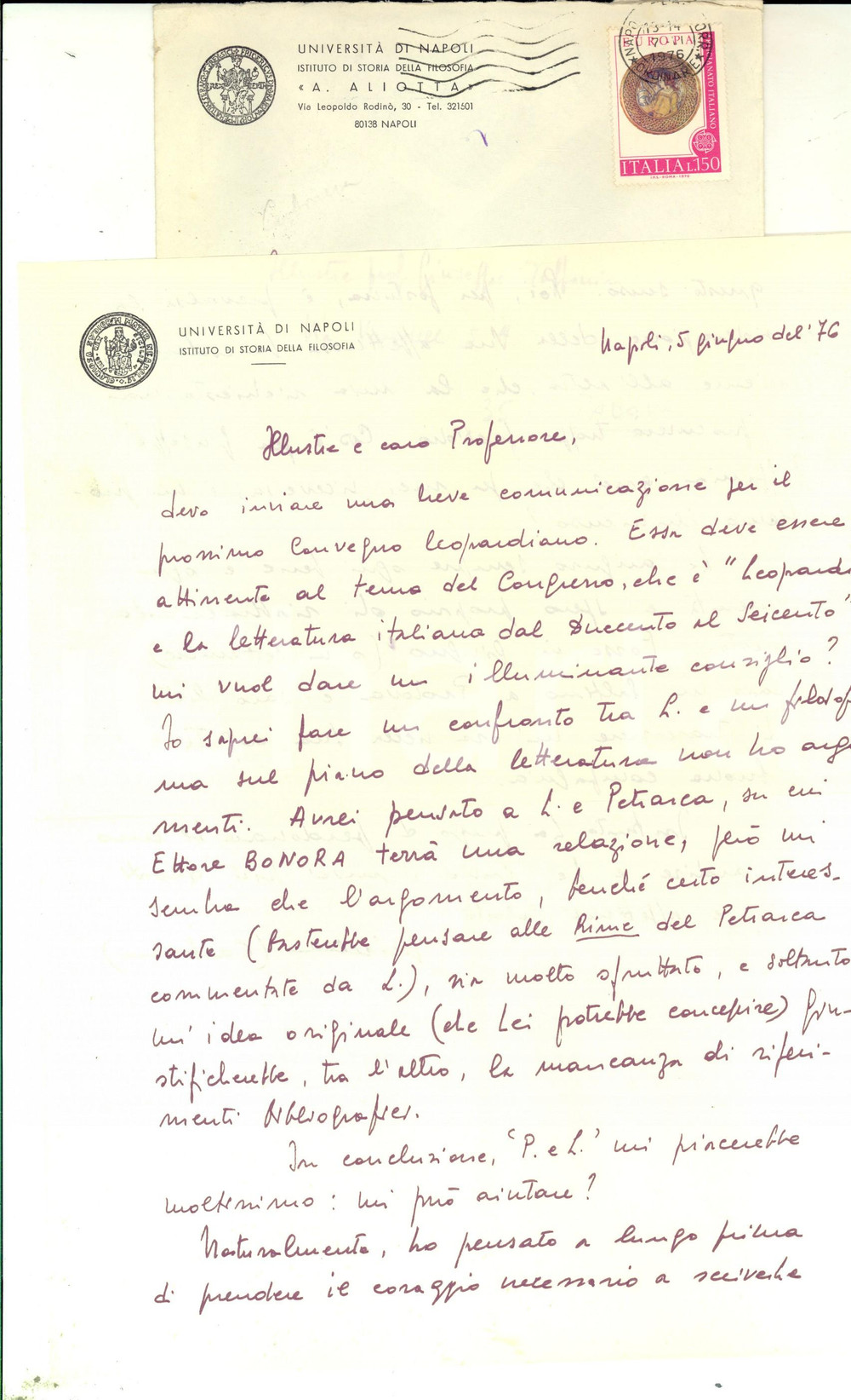 Autografo originale 1976 NAPOLI Mirella CARBONARA si prepara per il Convegno Leopardiano  Autografo 1