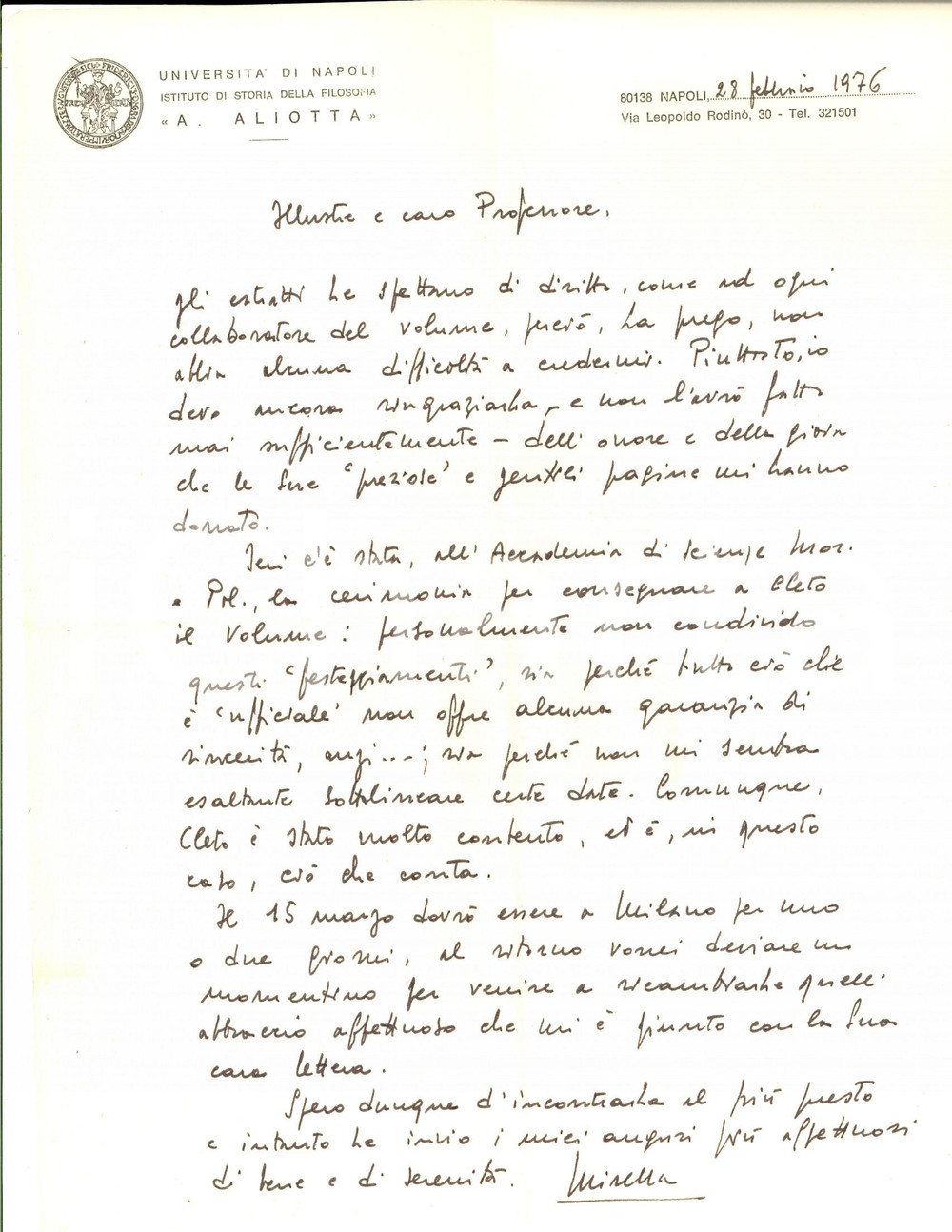 Autografo originale 1976 NAPOLI Mirella CARBONARA contraria alle celebrazioni per il marito Cleto 1