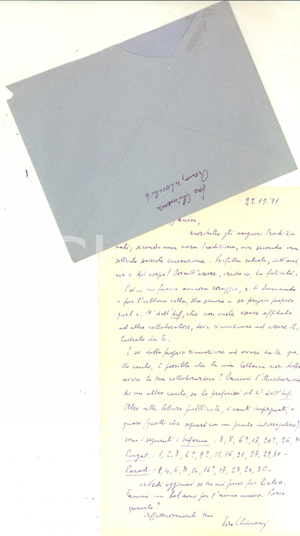 Autografo originale 1951 ROMA Siro CHIMENZ  sulla sua edizione della Divina Commedia  Autografo 1