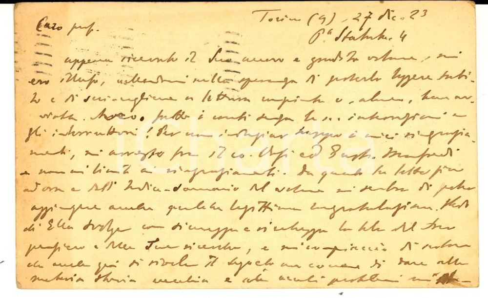 Autografo originale 1923 TORINO Vittorio CIAN ringrazia un collega per il volume inviato AUTOGRAFO 1