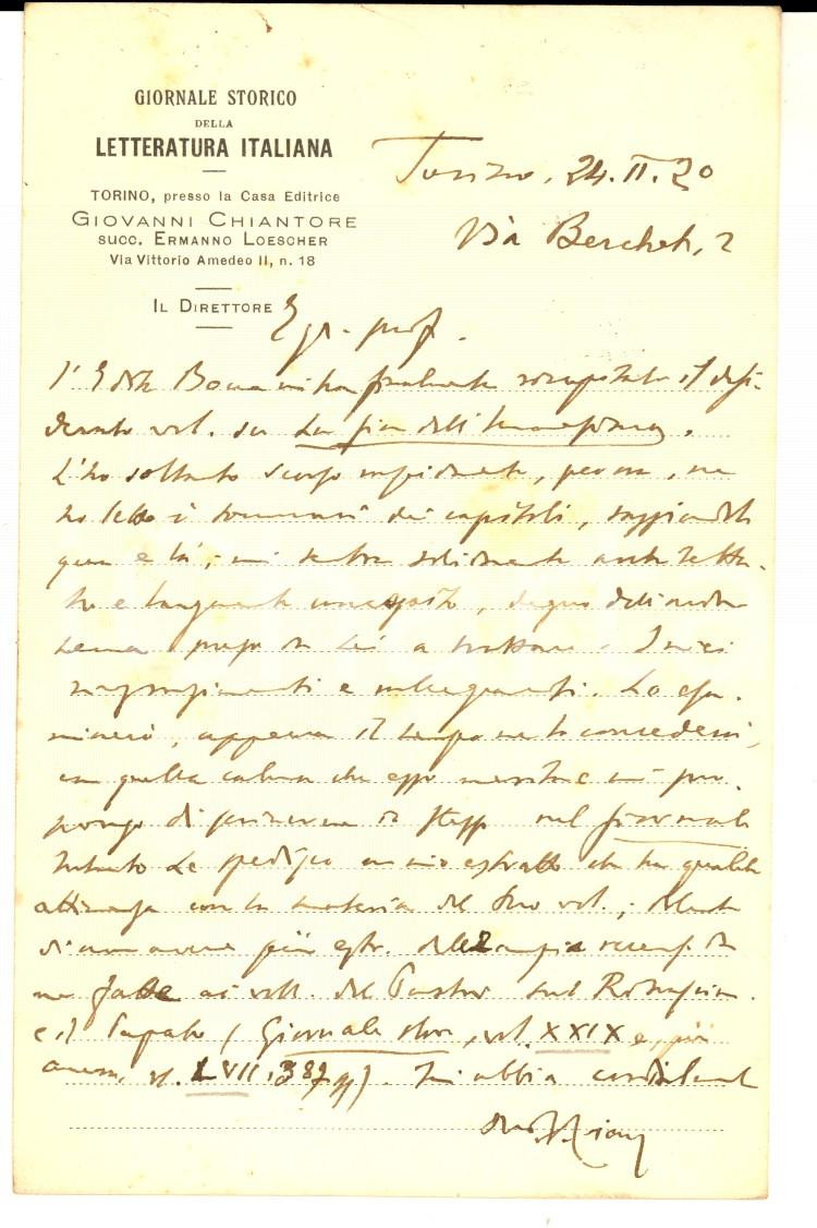 Autografo originale 1920 TORINO Vittorio CIAN sull opera Fine dell Umanesimo Cartolina AUTOGRAFA 1