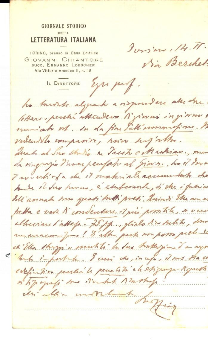 Autografo originale 1920 TORINO Vittorio CIAN invita un collega a condensare un articolo AUTOGRAFO 1