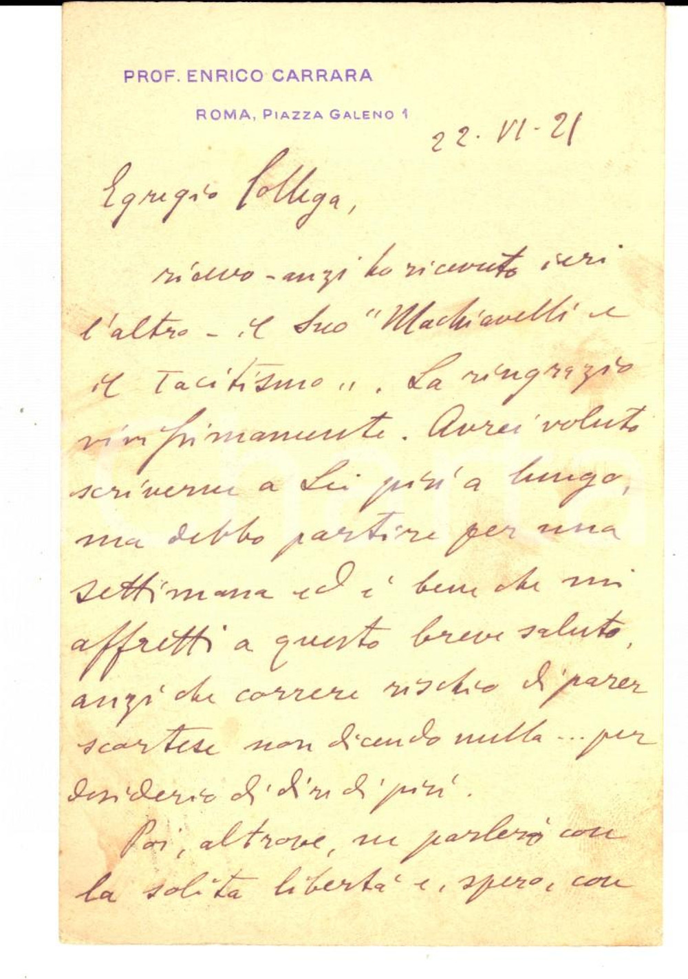 Autografo originale 1921 ROMA Prof. Enrico CARRARA ringrazia per un saggio su Machiavelli Autografo 1