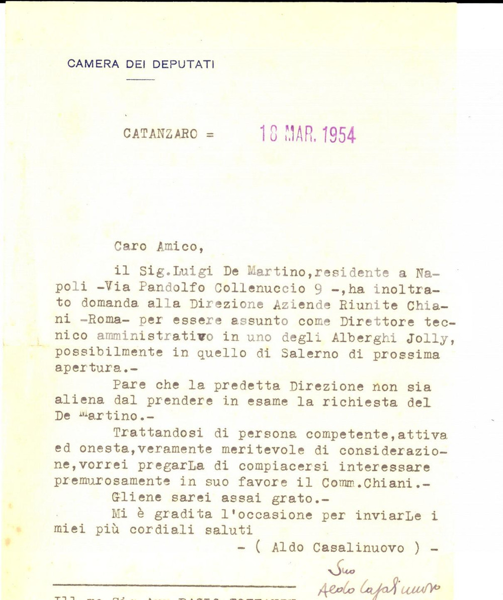 Autografo originale 1954 CATANZARO Lettera deputato Aldo CASALINUOVO  pro conoscente  Autografo 1