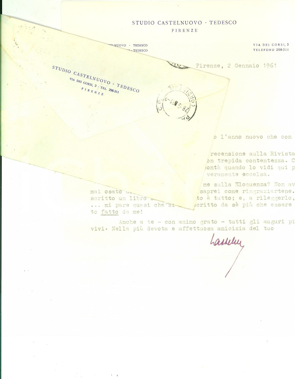Autografo originale 1961 FIRENZE Ugo CASTELNUOVOTEDESCO lieto per una recensione  Autografo 1