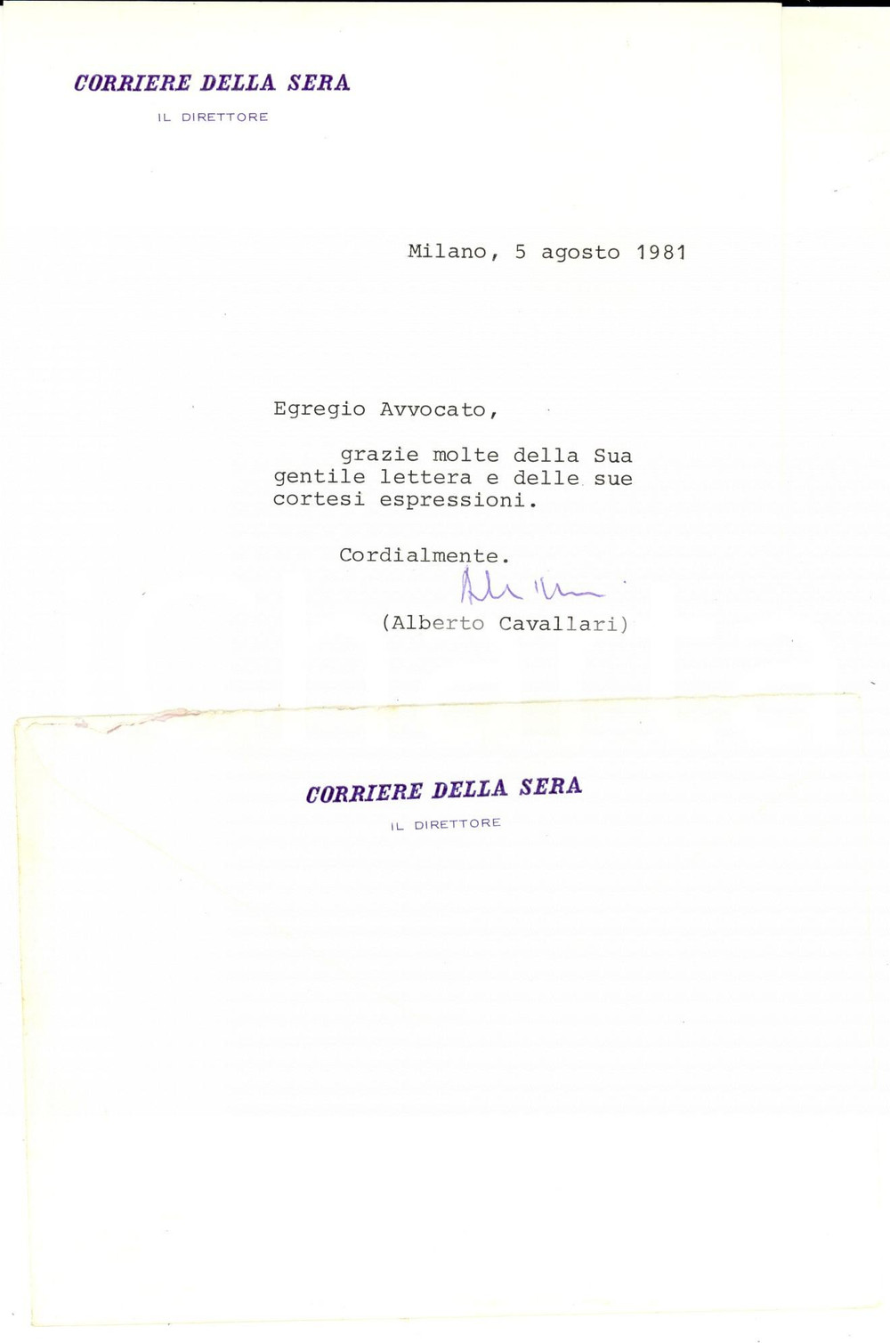 Autografo originale 1981 MILANO CORRIERE DELLA SERA Lettera direttore Alberto CAVALLARI  Autografo 1