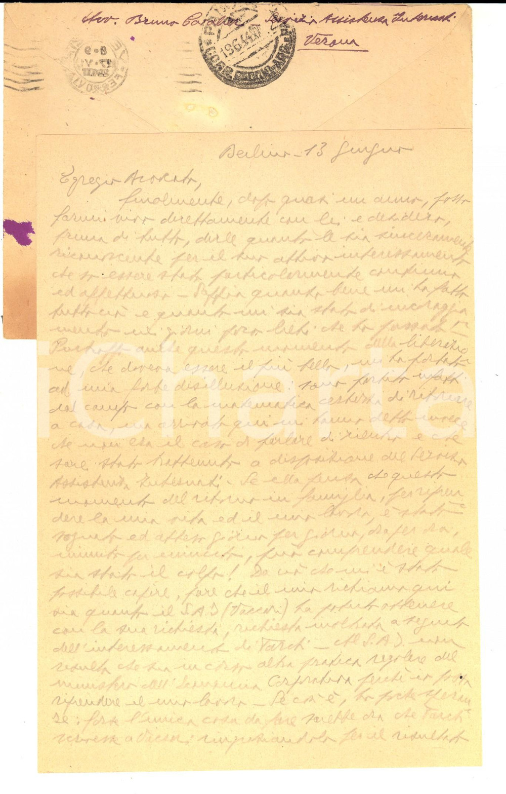 Manoscritto, lettera originale 1944 WW2 BERLINO Avv. Bruno CAVALIERI liberato da un campo di prigionia Lettera 1