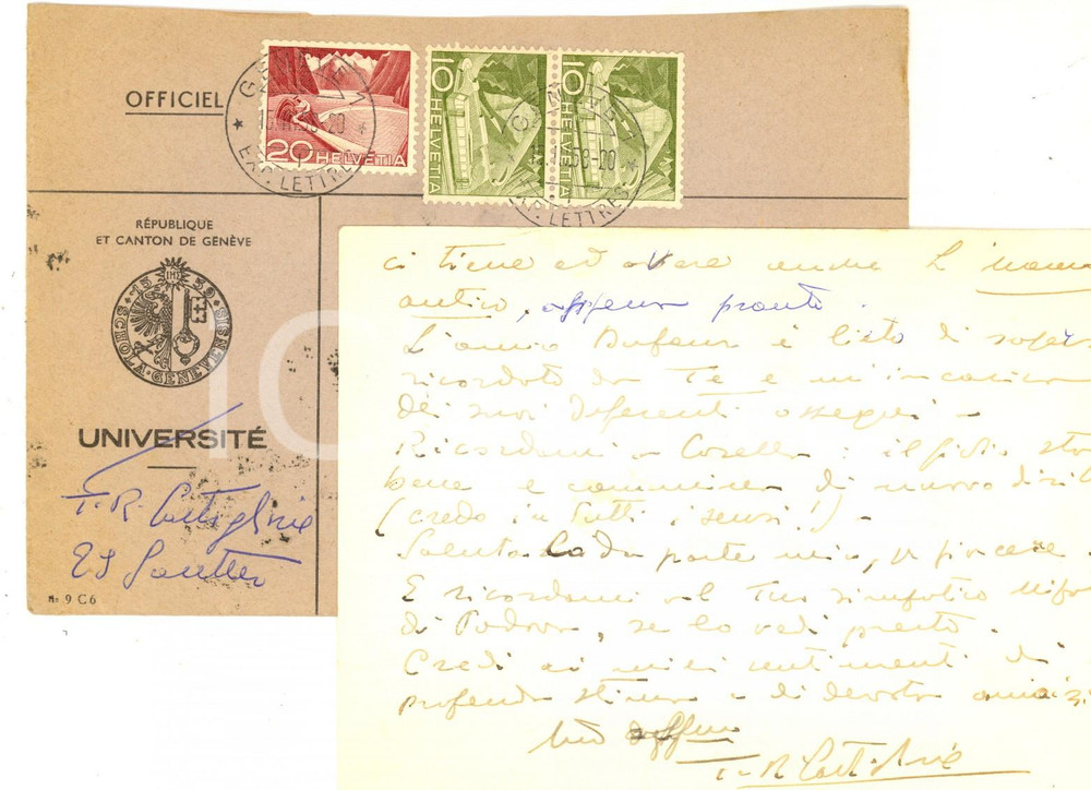 Manoscritto, lettera originale 1958 UniversitÃ© de GENEVE  Tommaso Riccardo CASTIGLIONE ringrazia per un libro 1