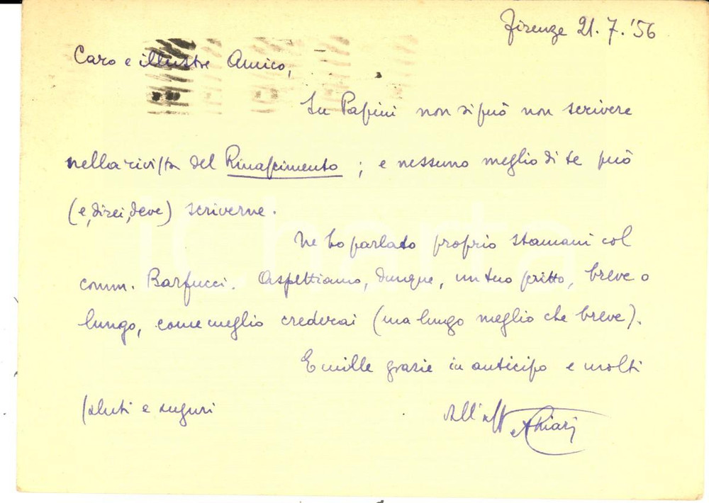 Autografo originale 1956 FIRENZE Prof. Alberto CHIARI attende scritto su Papini  Autografo 1