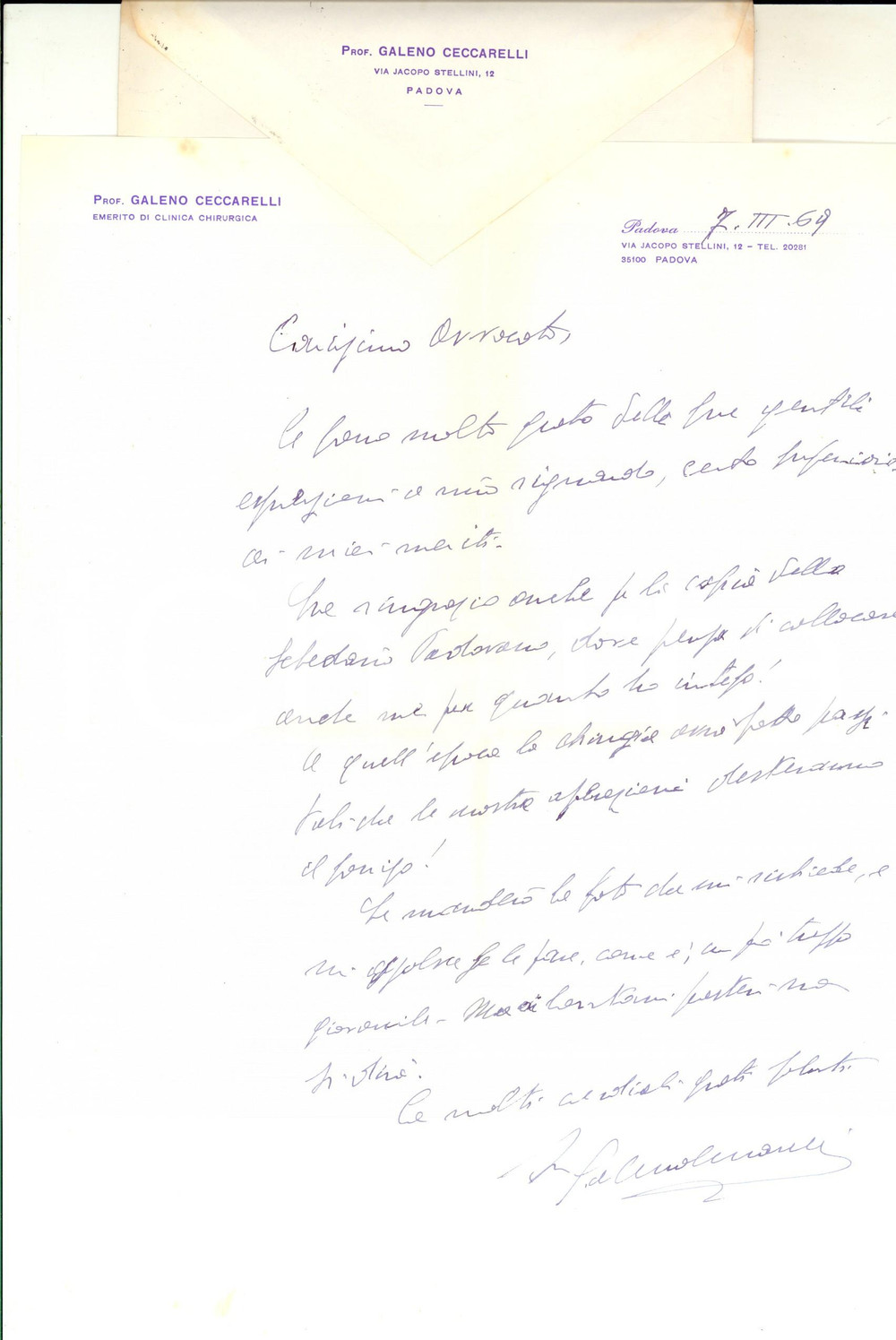 Autografo originale 1969 PADOVA Prof. Galeno CECCARELLI   Lettera di ringraziamento autografa 1