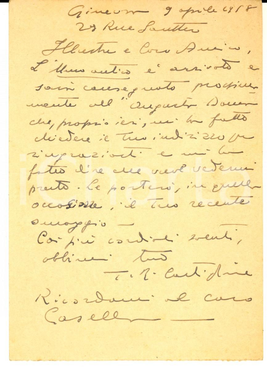 Manoscritto, lettera originale 1958 GINEVRA Tommaso Riccardo CASTIGLIONE a un collega docente  Autografo 1