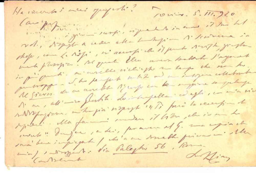 Autografo originale 1920 TORINO Vittorio CIAN riceve il volume di un collega  Cartolina AUTOGRAFA 1