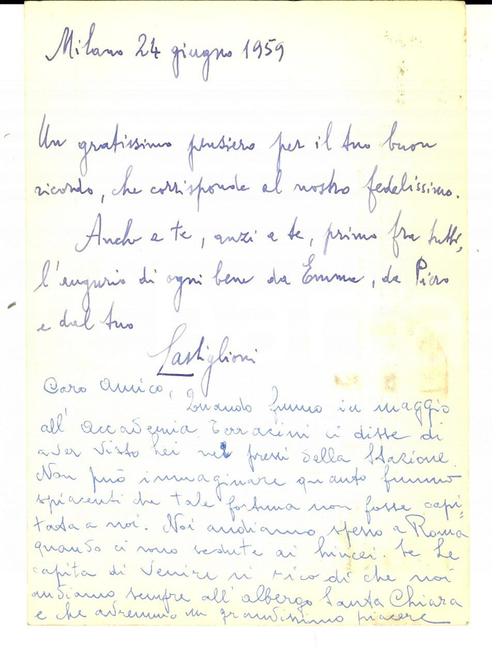 Autografo originale 1959 MILANO Cartolina prof. Luigi CASTIGLIONI  Accademia dei Lincei  Autografo 1