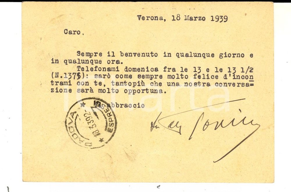 Autografo originale 1939 VERONA Cartolina postale avv. Antonio ALBERTI a un amico  Autografo 1