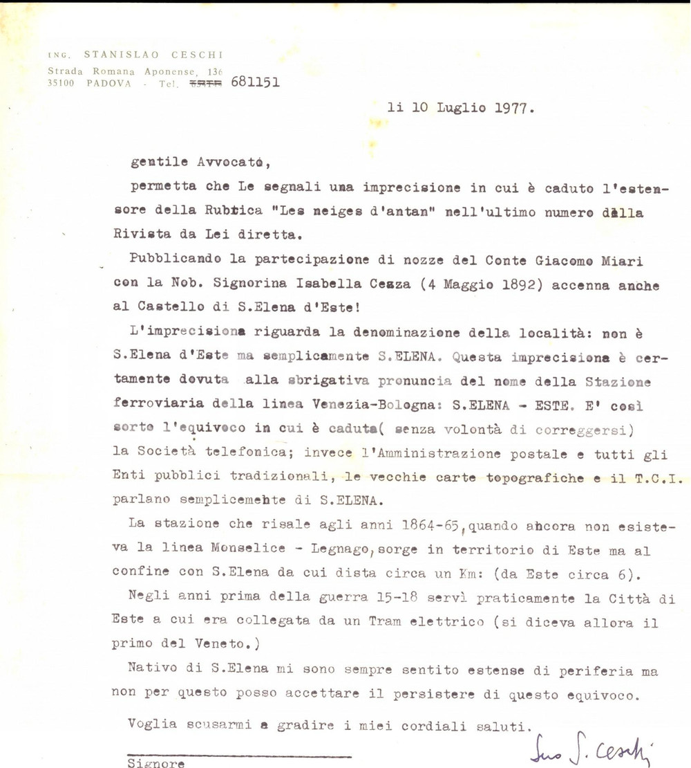 Autografo originale 1977 PADOVA Ing. Stanislao CESCHI corregge un articolo  Autografo 1