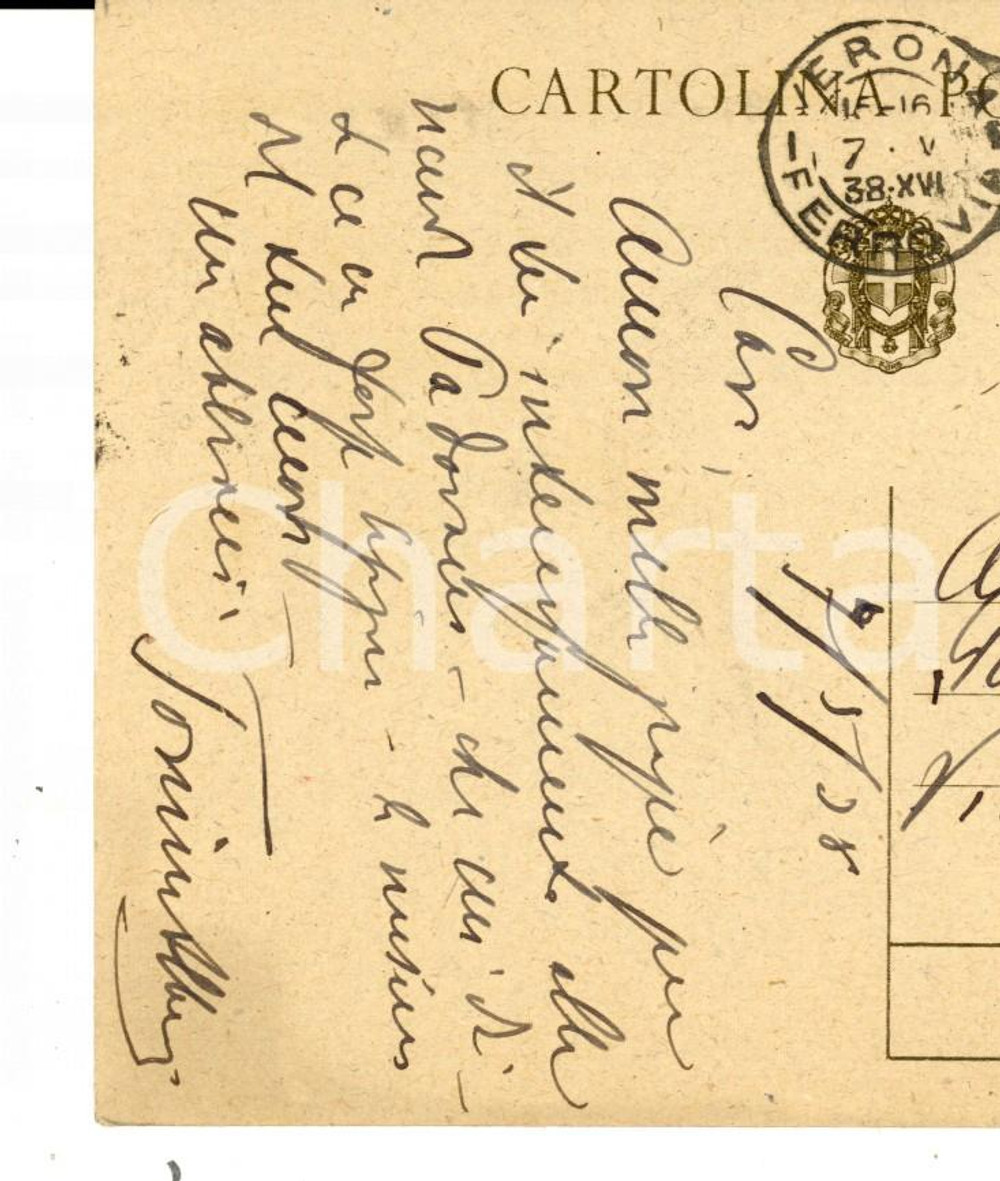 Autografo originale 1938 VERONA Cartolina postale avv. Antonio ALBERTI a un amico  Autografo 1