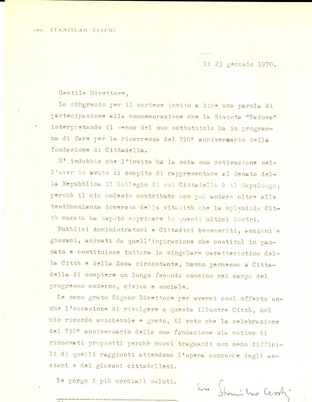 Autografo originale 1970 PADOVA Ing. Stanislao CESCHI sulla collaborazione a una rivista  Autografo 1