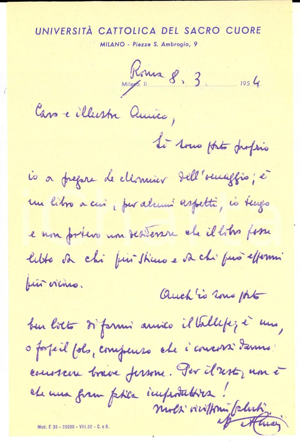 Autografo originale 1954 ROMA Prof. Alberto CHIARI chiede omaggio all editore LE MONNIER Autografo 1