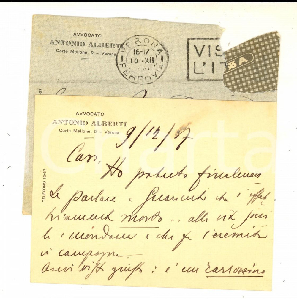 Autografo originale 1937 VERONA Avv. Antonio ALBERTI sull articolo di un collega  Autografo 1