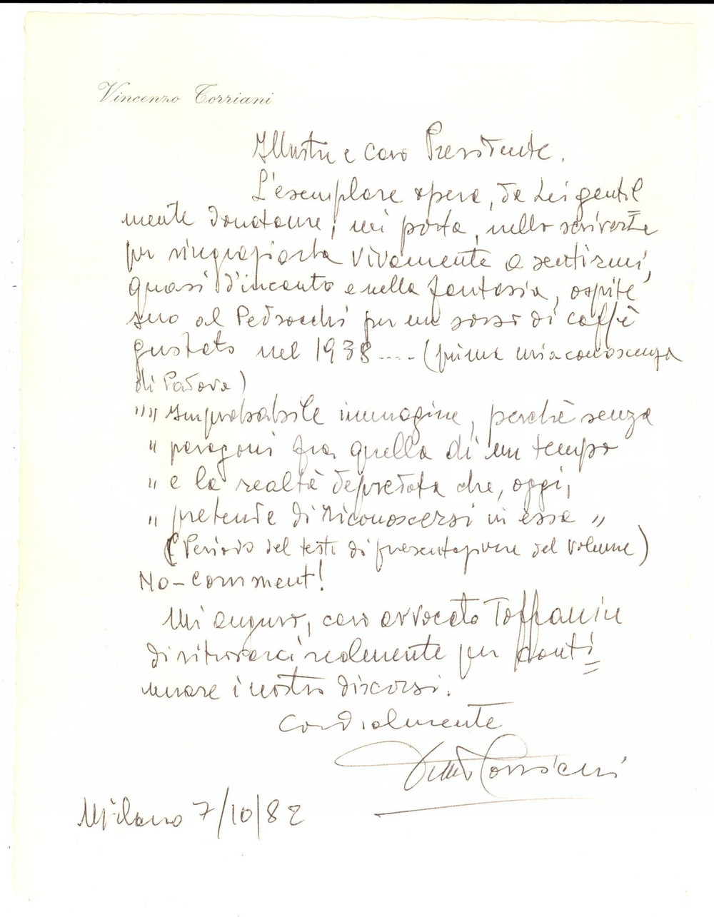 Autografo originale 1982 MILANO Vincenzo TORRIANI ringrazia per libro sul CaffÃ¨ Pedrocchi Autografo 1