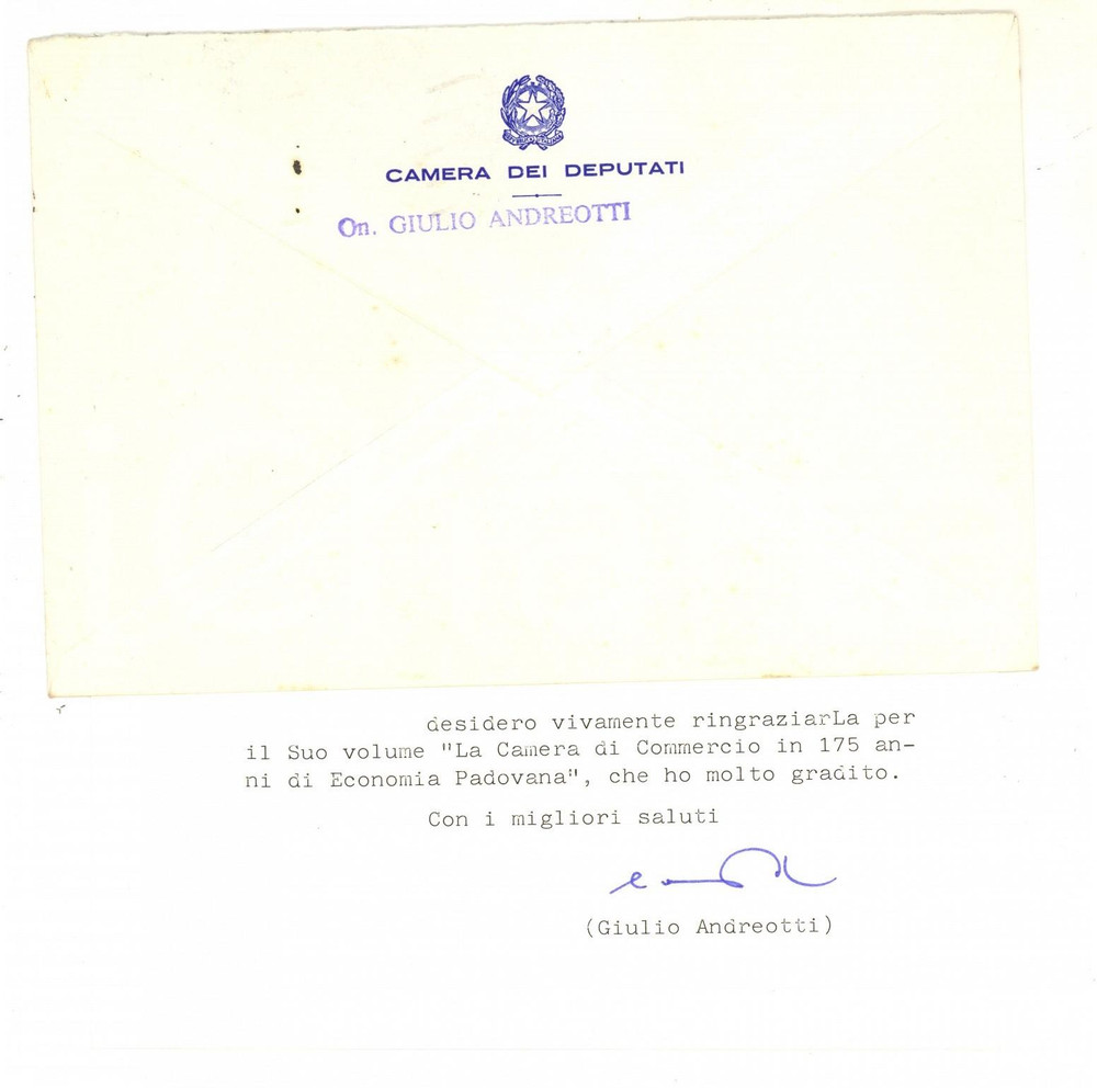 Autografo originale 1988 ROMA Camera dei Deputati  Giulio ANDREOTTI  Biglietto autografo 1