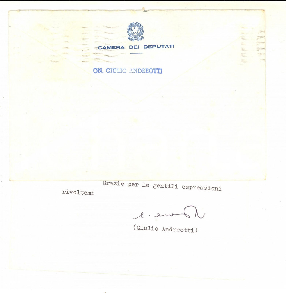 Autografo originale 1986 ROMA Camera dei Deputati  Biglietto on. Giulio ANDREOTTI autografo 1