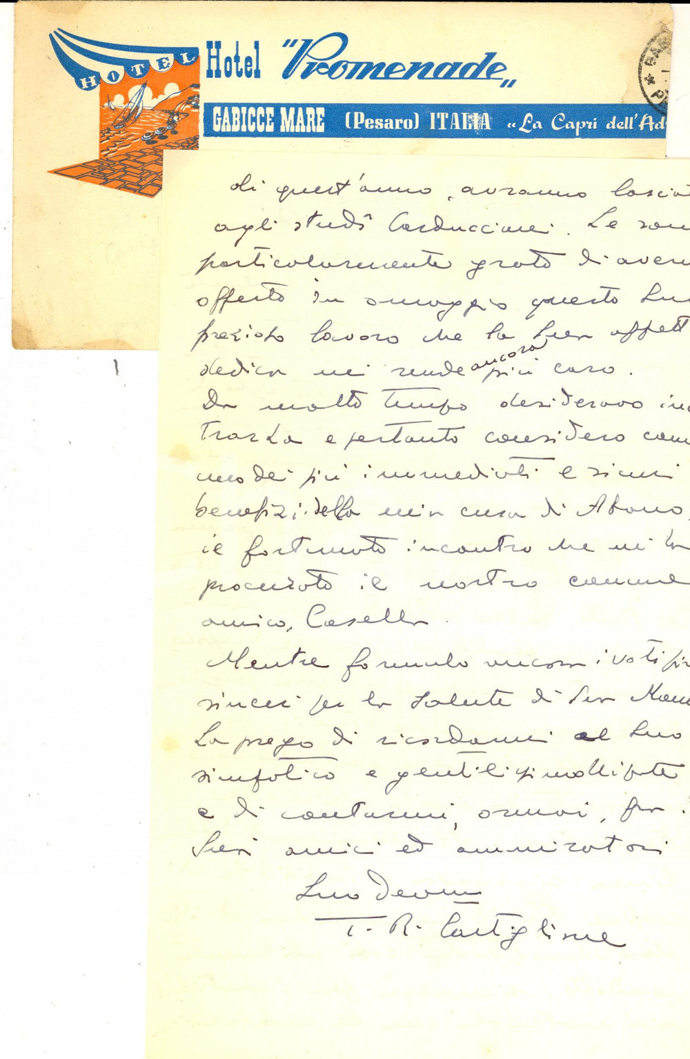 Manoscritto, lettera originale 1957 GABICCE MARE Tommaso Riccardo CASTIGLIONE sulla conferenza di un collega 1