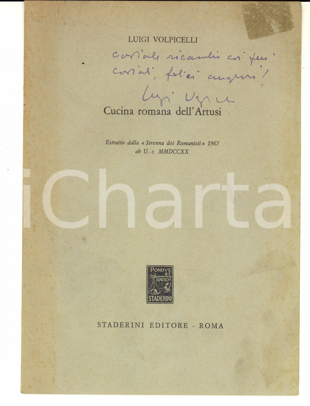 Libro, pubblicazione d epoca 1967 ROMA Luigi VOLPICELLI Cucina romana dell Artusi  Invio AUTOGRAFO 1