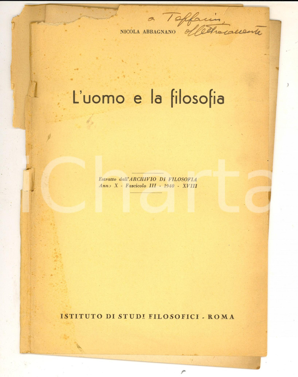 Libro, pubblicazione d epoca 1940 Nicola ABBAGNANO L uomo e la filosofia Estratto con invio autografo 1
