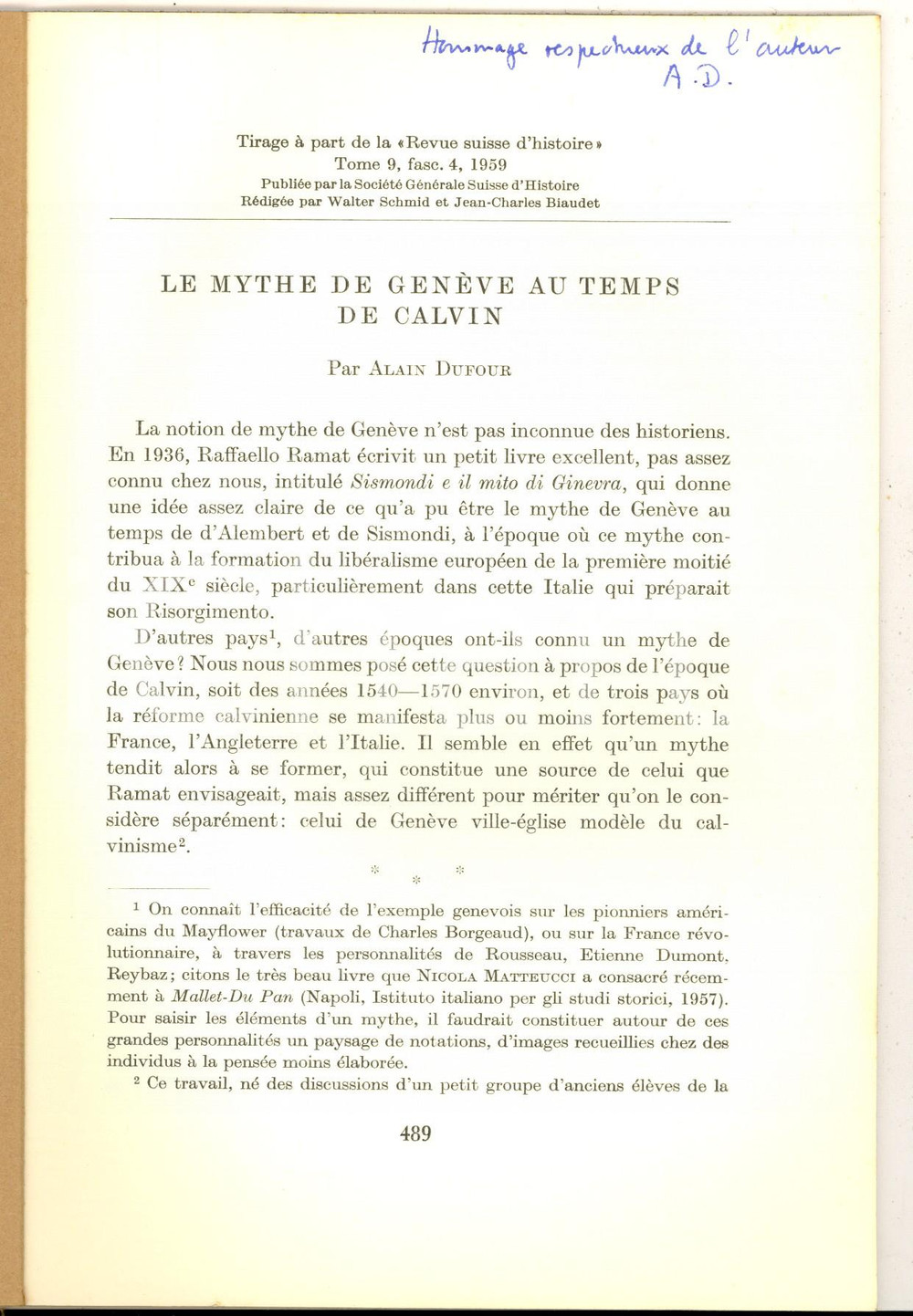 Libro, pubblicazione d epoca 1959 Alain DUFOUR Le mythe de GenÃ¨ve au temps de Calvin  Invio autografo 1