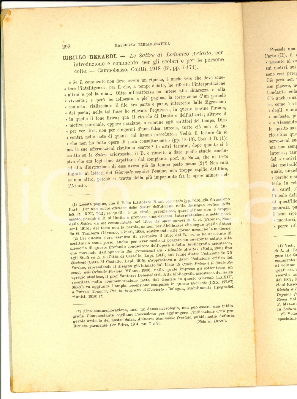 Libro, pubblicazione d epoca 1919 Giuseppe FATINI Recensione a Cirillo BERARDI Le Satire di Ariosto 1