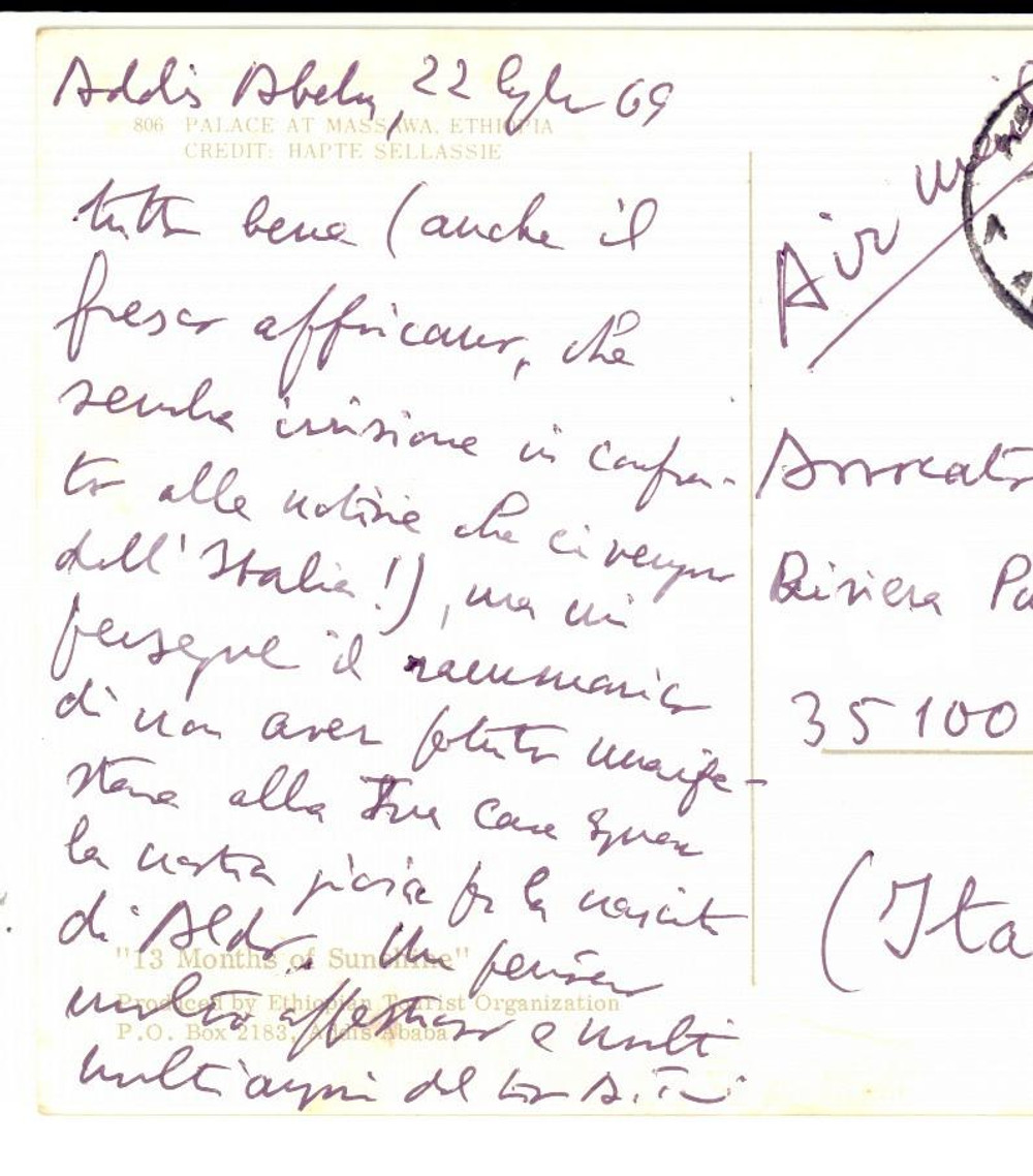 Autografo originale 1969 ADDIS ABEBA Alberto TRABUCCHI a un amico  Cartolina postale AUTOGRAFA 1