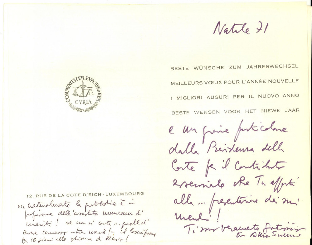 Autografo originale 1971 LUSSEMBURGO Biglietto di Natale prof. Alberto TRABUCCHI Autografo 1