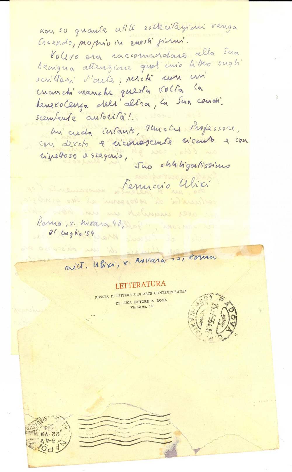 Autografo originale 1954 ROMA Ferruccio ULIVI raccomanda il suo Galleria di scrittori d arte 1