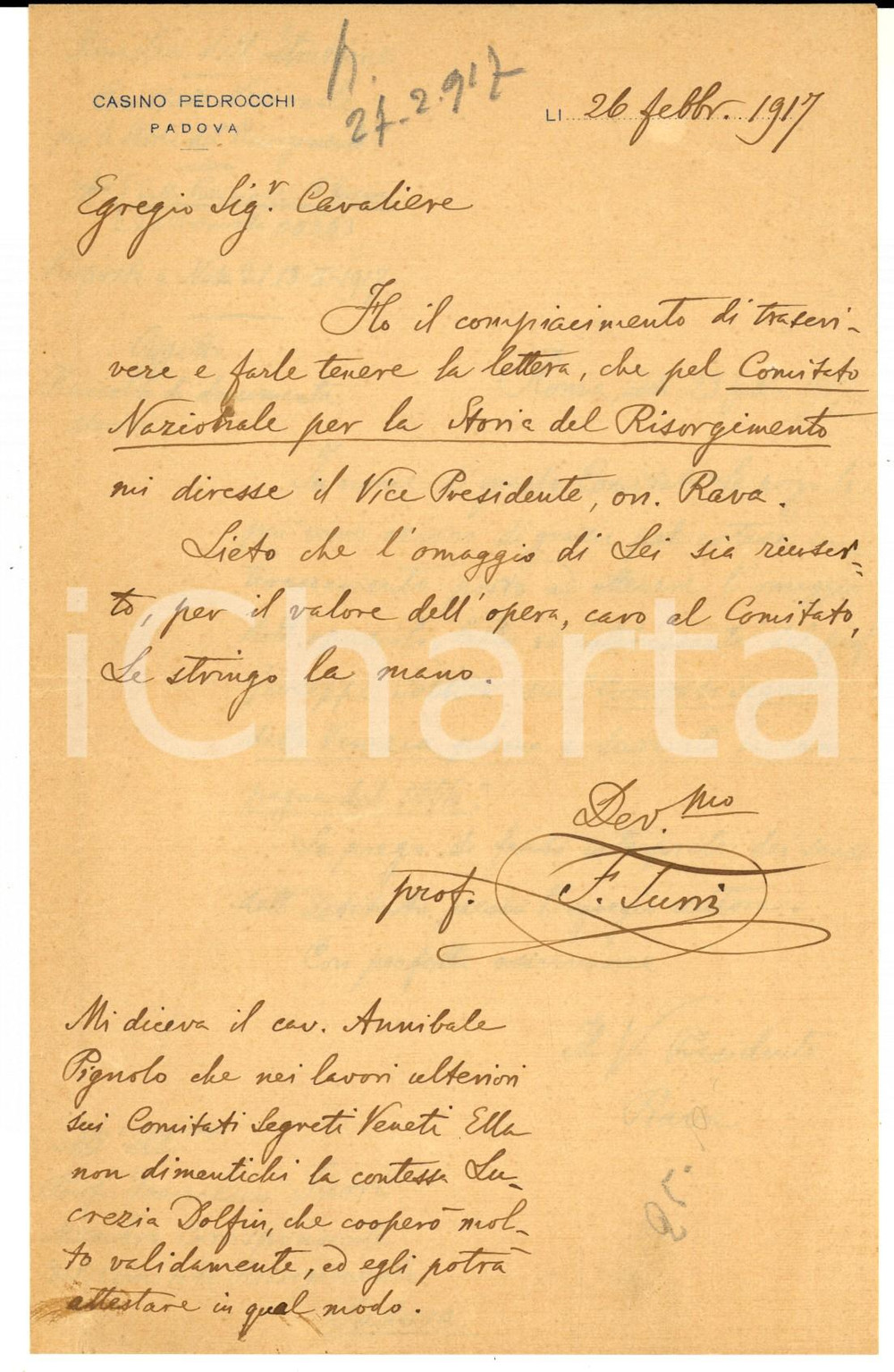 Autografo originale 1917 PADOVA Casino PEDROCCHI  Lettera di Francesco TURRI per ospucolo AUTOGRAFO 1