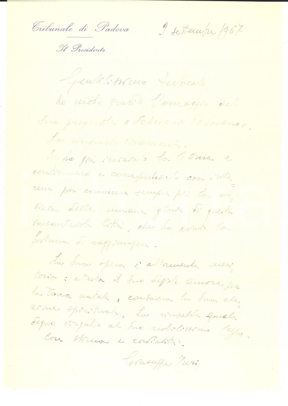 Autografo originale 1967 Tribunale di PADOVA Ringraziamenti presidente Giuseppe TURRI  AUTOGRAFO 1