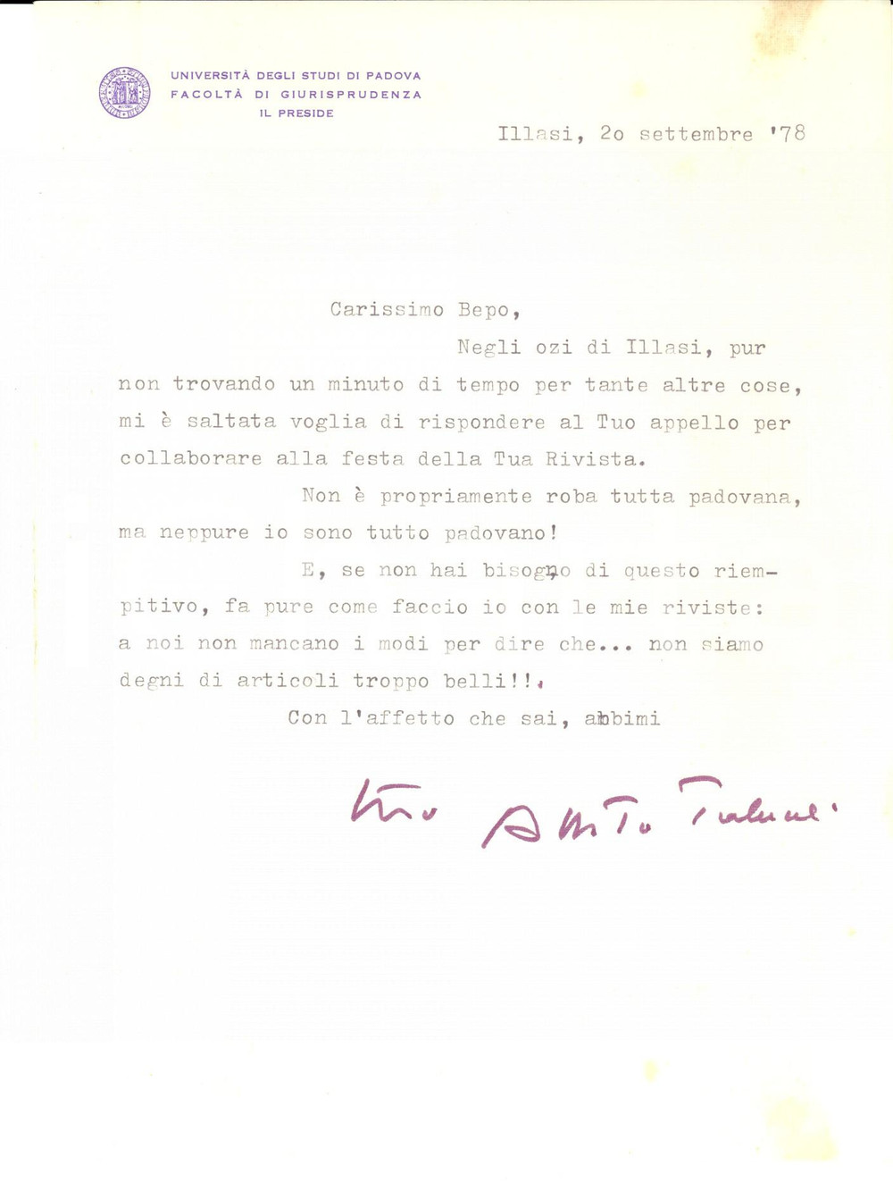 Autografo originale 1978 ILLASI Alberto TRABUCCHI propone collaborazione con una rivista Autografo 1