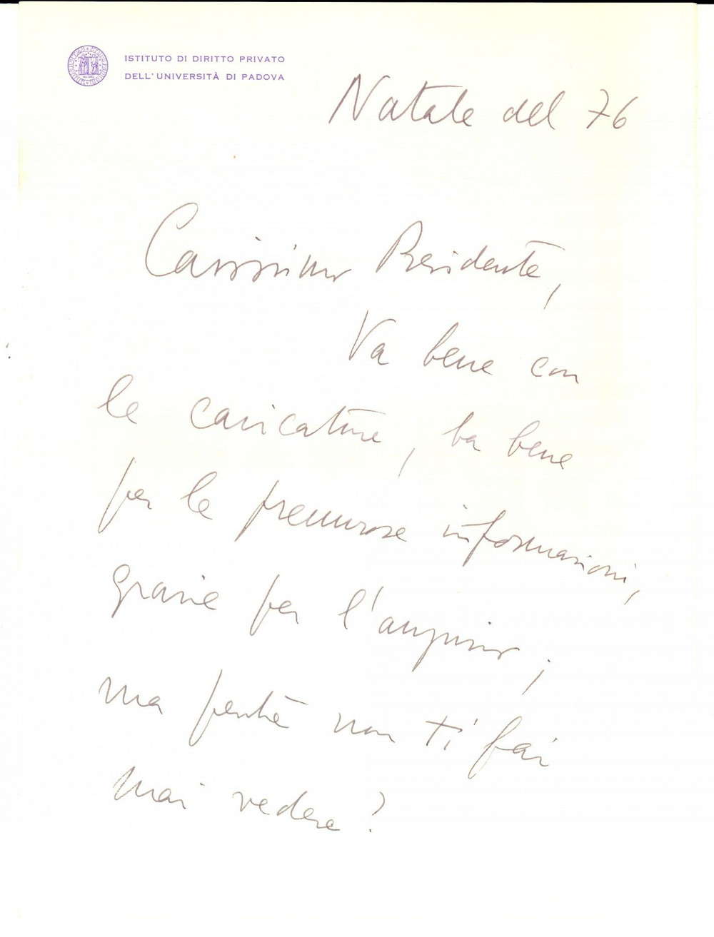 Autografo originale 1976 PADOVA Lettera di Alberto TRABUCCHI a un amico per Natale Autografo 1