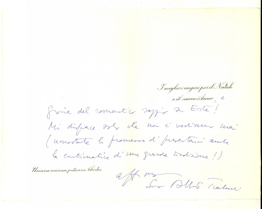 Autografo originale 1975 ca UNIVERSITA  PADOVA Biglietto di Natale prof. Alberto TRABUCCHI Autografo 1